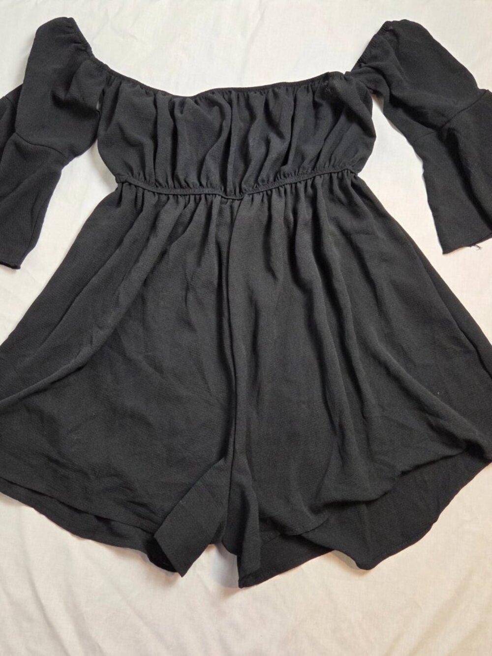 SHEIN VCAY Black Off-The-Shoulder Romper Flounce Sleeve Tie Boho Women’s Large